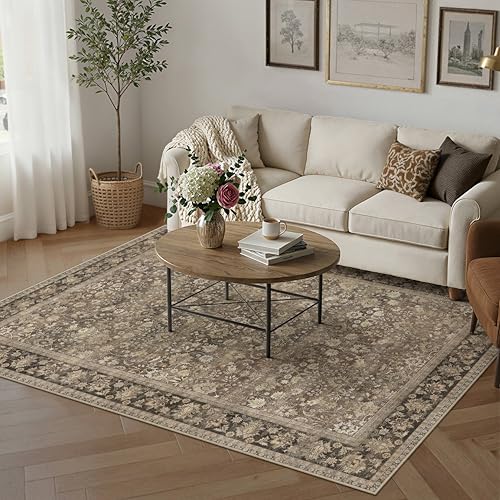 HUGEAR 5x7 Brown Vintage Floral Washable Area Rug for Living Room - Low Pile, Non-Slip, Foldable