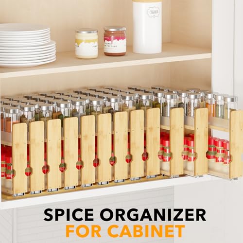SpaceAid Bamboo Pull Out Spice Rack Organizer for Cabinets, 10.1 W x 10.6 D, 4 Drawers, 2-Tier, Natural