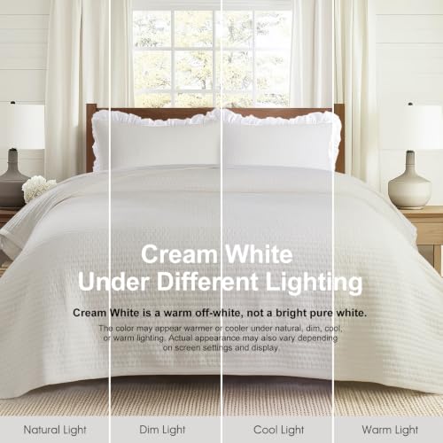 Oversized Queen Quilt Set 102x106 inches with Pillow Shams - Cream White, Soft Washed Nordic Design