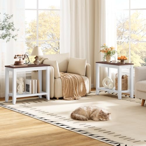 Hoctieon 2-Tier Wooden End Table Set of 2 White + Walnut Compact Nightstands for Small Spaces