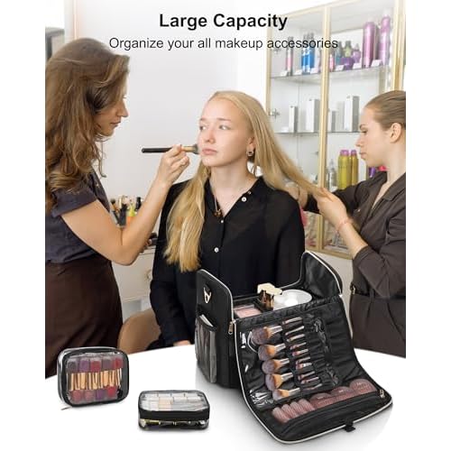Large Makeup Carrying Train Case, Makeup Bag with 2 Small Bags, Professional Makeup Artist Bag Tattoo Case Travel Makeup Organizer Box with Adjustable Dividers and Shoulder Strap (Black)