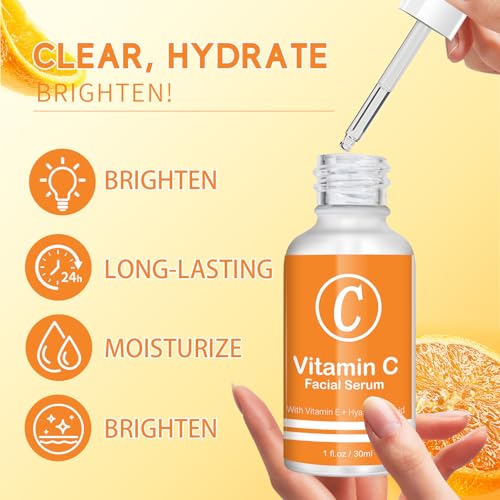 Vitamin C Serum for Face, 20% Vitamin C Brightening Serum with Hyaluronic Acid & Vitamin E, Anti-Aging, Brightening, Improve Dark Spot, Fine Lines & Wrinkles, 1 Fl Oz