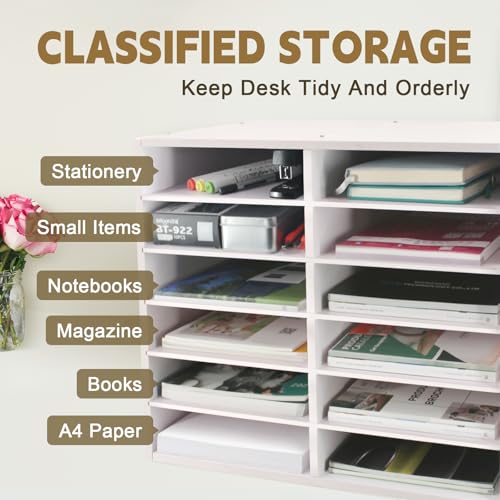Desk Paper Storage Organizer with 12 Adjustable Compartments - Office & Classroom Literature Sorter, White