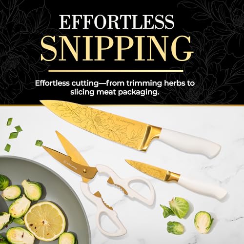 Gold and White Knife Set with Floral Pattern and Built-In Sharpener - 14-Piece with Knife Block (Off White Handle, Gold Blade & White Block)