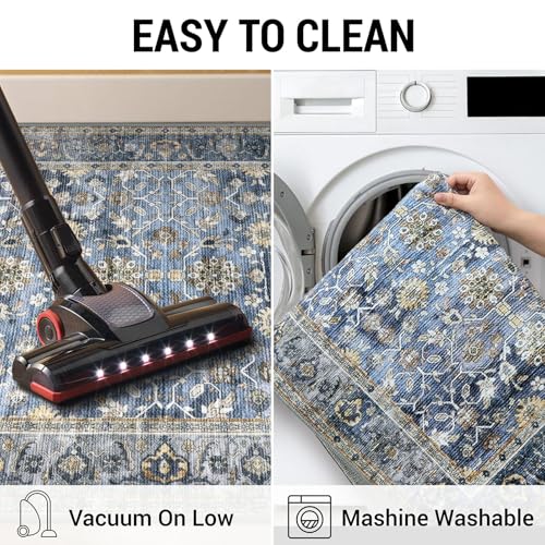 KUTA Vintage Washable Hallway Runner Rug 2.6x16 Feet Blue Grey Beige - Non-Slip, Durable, Kid & Pet Friendly