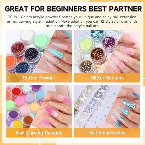Acrylic Nail Kit for Beginners - Complete Gel Nail Art Set with 3 Colors & Glitter Powders