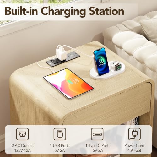 Nightstand Set of 2 with Charging Station Light Oak - Modern Storage & Night Tables with Power Outlets & USB