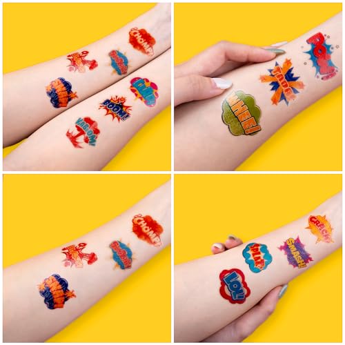 96 PCS Comic Pre-Cut Temporary Tattoos for Kids | Super Cute Pow Wow Boom Zap Themed Birthday Party Favors, Supplies, Decorations, Fake Tattoo Stickers, School Rewards Gifts for Boys & Girls