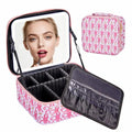 Travel Makeup Bag Organizer with LED Mirror, Portable Monkey Cosmetic Train Case with Adjustable Dividers, Brush Storage Board for Women Christmas Thanksgiving Valentine Birthday Gift (Pink)