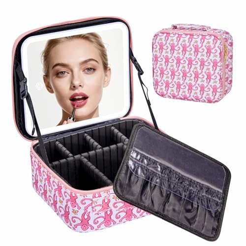 Travel Makeup Bag Organizer with LED Mirror, Portable Monkey Cosmetic Train Case with Adjustable Dividers, Brush Storage Board for Women Christmas Thanksgiving Valentine Birthday Gift (Pink)