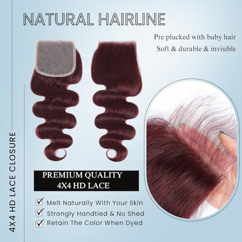 99J Burgundy Body Wave Lace Closure 12 Inch Human Hair - Free Part, Virgin Remy