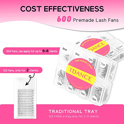 TDANCE 600 Fans Premade Fans Eyelash Extensions Natural & Volume Mixed Length Premade Lash Fans 5D-24D Handmade Promades Eyelash Fans C/D Curl Loose Fans(600-10D-0.07-D-8-15mm)
