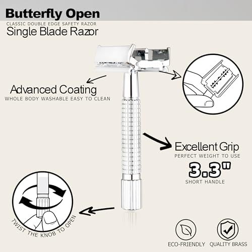 WEISHI Butterfly Open Double Edge Safety Razor for Men, Chrome Short Handle with 5 Stainless Razor Blades Included, Reusable Wet Shave Tool for Smooth, Close Shave