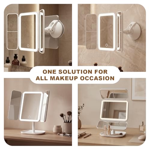 Rechargeable Trifold Makeup Mirror with Lights & Suction - 3X/2X/1X Magnification, 360° Rotation, Portable Vanity for Travel & Bedroom