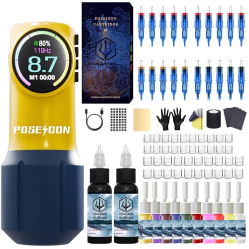 Poseidon Wireless Rotary Tattoo Pen Kit for Beginners with Cartridges & Ink