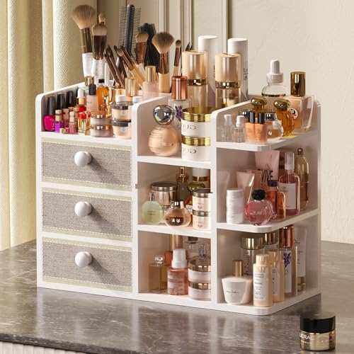 Large Makeup Organizer Countertop With Brush Holder Drawer For Vanity,Bamboo Bathroom Counter Organizers And Storage,Cosmetic Skincare Perfume Organizer,Easy To Store Nail Polish, Lipstick, Eyeshadow