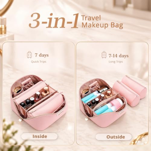 Travel Makeup Bag Organizer for Women with Detachable Pouches, Water-Resistant Leather