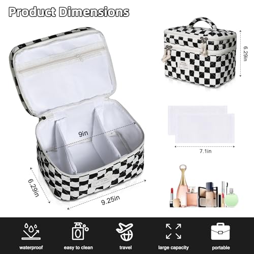 Gosect Large Capacity Quilted Makeup Bag - Black Checkered Travel Cosmetic Organizer for Women & Girls