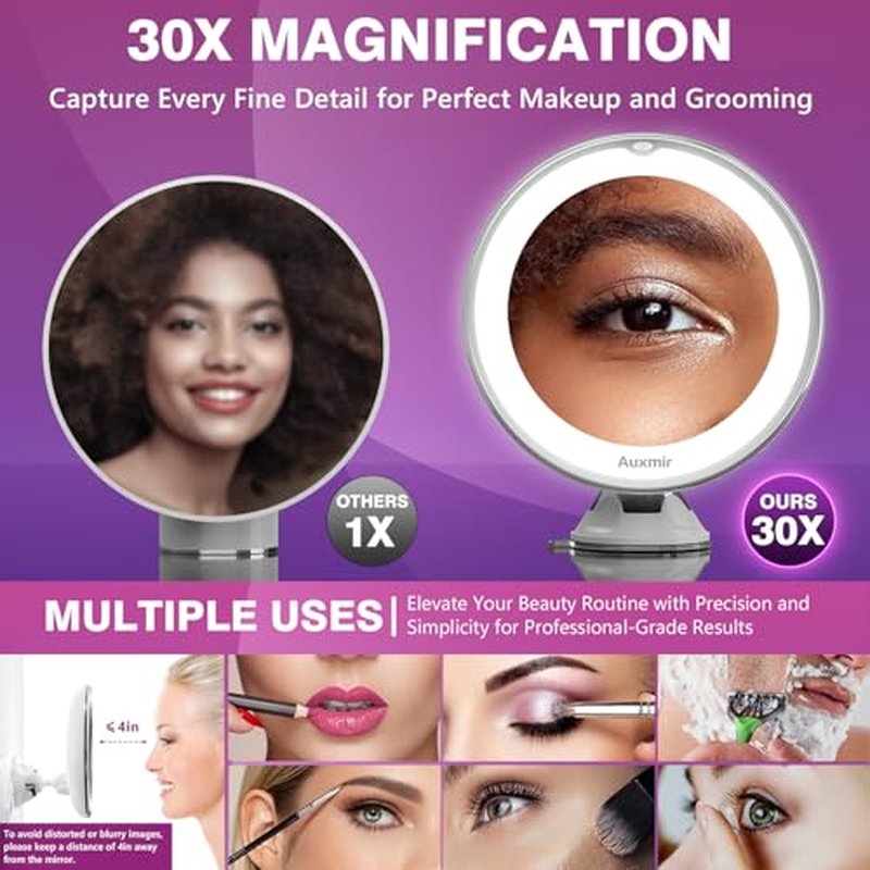 Auxmir 2026 Upgraded 30X Magnifying Mirror with Light, Makeup Mirror with 2-Level Lights, Portable Magnifying Mirror Suction Cup and Tweezers, 360¡Æ Swivel, Vanity Bathroom Mirror for Home Travel