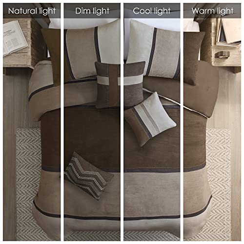 Madison Park Queen Faux Suede Comforter Set 7pcs - Brown & Pieced Design