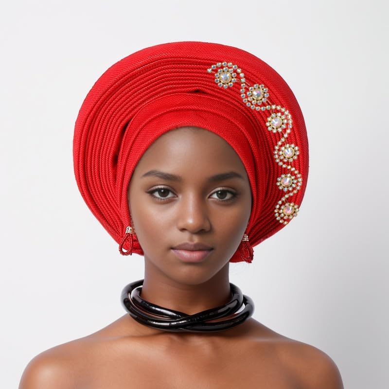Pink Nigerian Headtie with Stones - Traditional African Turban Head Wrap for Women Party