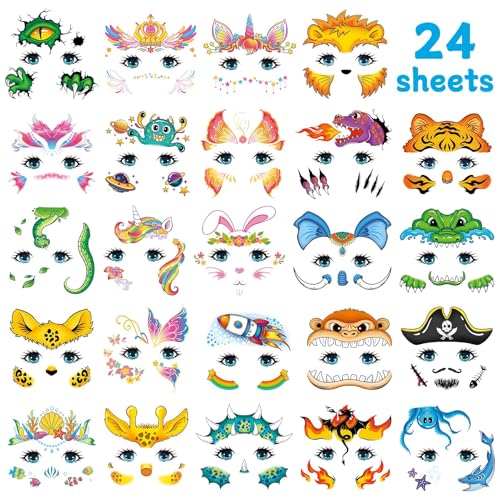 EMOME Face Tattoos for Kids - 24 Sheets Party Pack, Face Paint Tattoos Makeup for Boys and Girls Birthday Party Supplies Games, Face Tattoo Stickers for Kids Carnival Party Favors