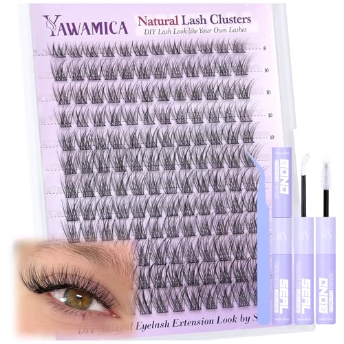 Yawamica Lash Clusters Kit Natural Lash Extension Kit 8-14mm Short Eyelash Clusters C Curly Wispy Individual Lashes with Waterproof Lash Bond and Seal and Lash Tweezers DIY Lash by Self