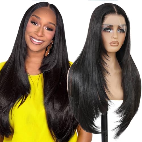 Natural Black Synthetic Lace Front Wigs 26 Inch Pre Plucked HD 13x4 for Women