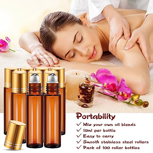Tanlade 100 Pcs Essential Oil Roller Bottles 10 ml Amber Roll on Glass Refillable Leakproof Empty Rollerball Bottles with Funnels and Stainless Steel Roller Balls for Travel Lip Gloss