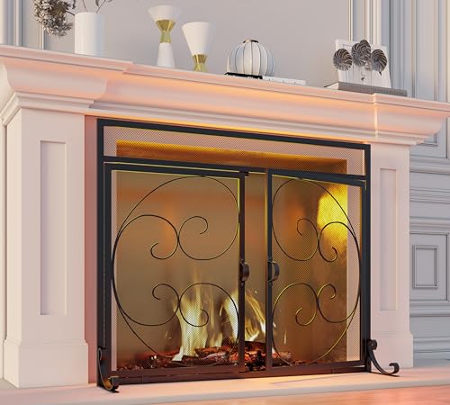 Fire Beauty Wrought Iron Fireplace Screen with Magnetic Double Doors Black