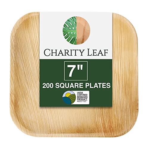 Charity Leaf Disposable Bamboo Square Plates 7-Inch - 200 Pieces, Eco-Friendly Dinnerware