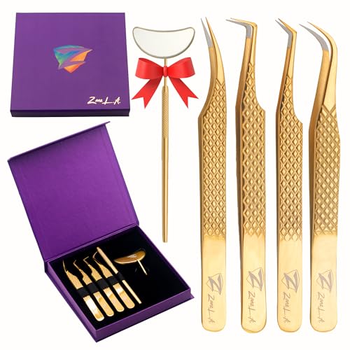 Zane L.A. Nano Fiber Tip Professional Eyelash Extension Tweezers, a pack of 4, Quality tweezers made with Japanese Stainless Steel, includes Stylish Half Moon Mirror. (Gold)