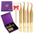 Zane L.A. Nano Fiber Tip Professional Eyelash Extension Tweezers, a pack of 4, Quality tweezers made with Japanese Stainless Steel, includes Stylish Half Moon Mirror. (Gold)
