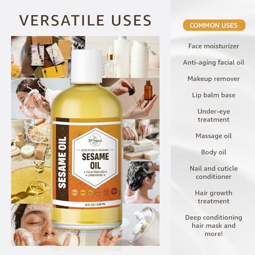 Organic Sesame Oil 32oz Cold Pressed Unrefined Skin Hair Body Carrier Oil