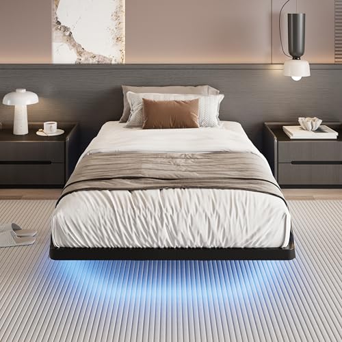 Twin Size Floating Bed Frame with RGB LED Lights - Matte Black