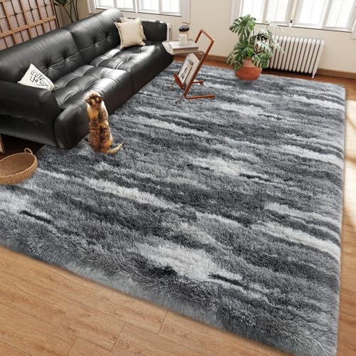 8' x 10' Large Washable Shag Rug - Abstract Grey Modern Area Rug