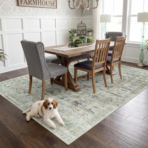 Washable 6x9 Area Rug - Sage Green Gold Gray Vintage Boho Floral (Green/Gold/Multi) by Sparkle Gaze