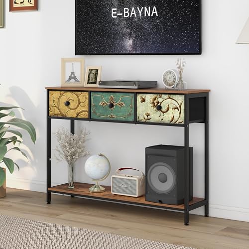 Entryway Console Table with Retro Flower Fabric Drawers and Open Shelf - Narrow Sofa Table for Hallway Living Room Foyer - Variation: Retro Flower / 3 Drawers
