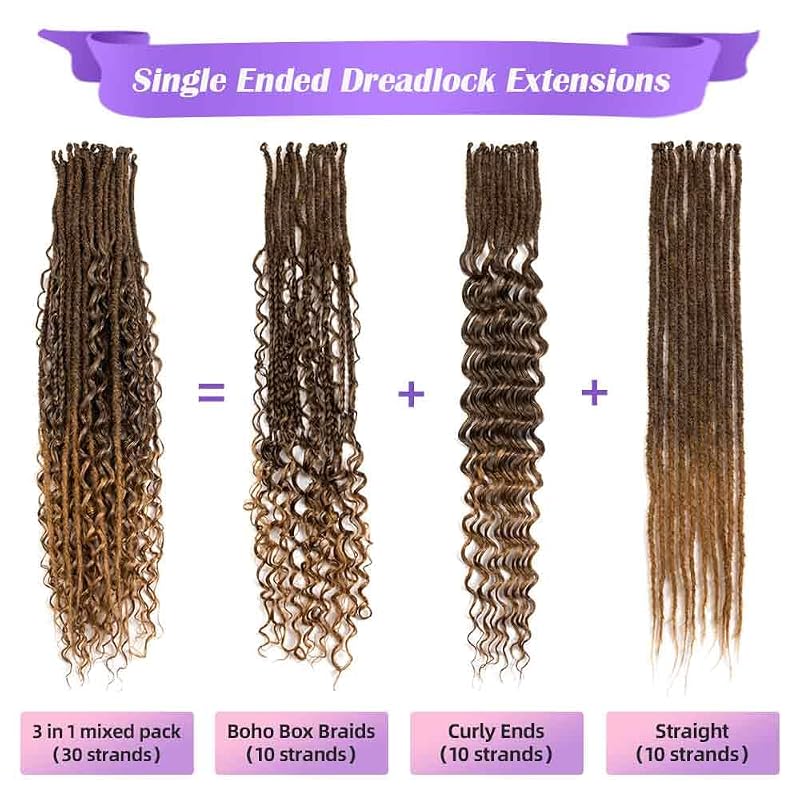 24 Inch 3 in 1 Dreadlock Extensions 30 Strands SE 100% Handmade Mixed 1B/27#+SE-30S-24"