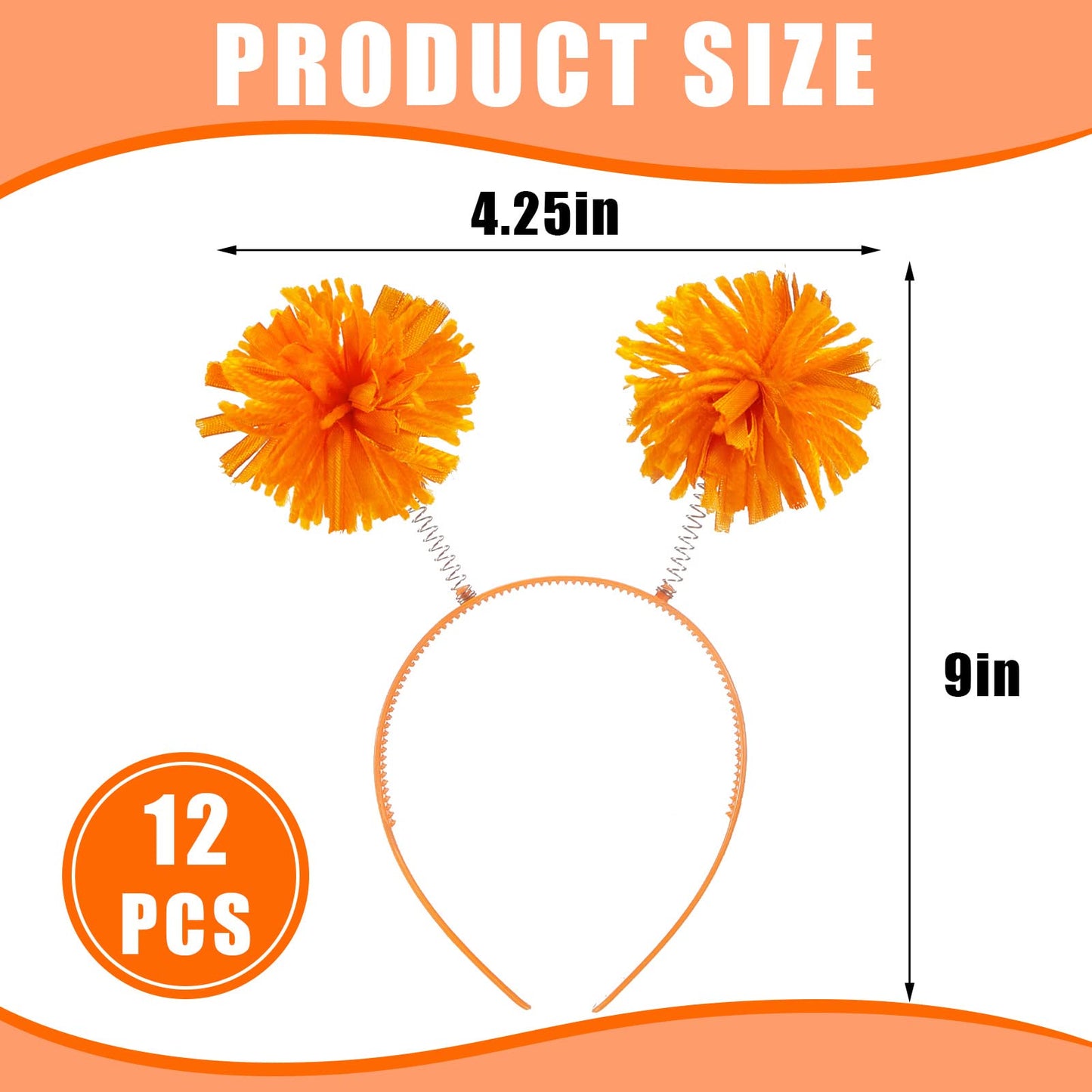 Tigeen Headband Head Bopper with Pom Pom, 12 Pcs Orange, for Women Adults Accessories, Birthday Party Headwear