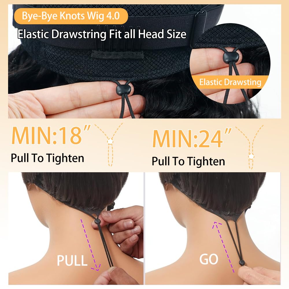 Goulus 7x6 Deep Wave Glueless Wigs Human Hair Pre Plucked Pre Cut 250% Density Drawstring Wig Human Hair Wear and Go Glueless Wigs for Black Women Natural Color #1B 28 Inch