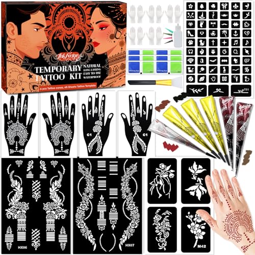 Temporary Stencils Tattoos Kit, 6 Pcs Tattoo Cones 4 Color (2 Black 2 Brown 1 Maroon 1 Cherry Red) with Gloves Brush Tool,DIY Body Art Skin Painting Designs for Women Men Kids Party Gifts