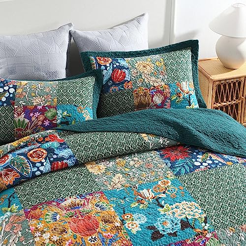 Autumn Dream Reversible Cotton Bedspread Quilt Set King Turquoise Floral Patchwork