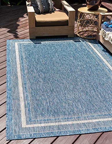 Outdoor Border Area Rug 7'1 x 10' Blue Ivory Rectangular - Unique Loom