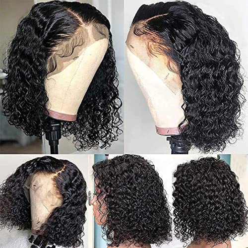 Natural Color 13x6 Curly Bob Lace Front Wig - 14 Inch Human Hair, Pre Plucked with Baby Hair, Wet & Wavy Style, 180% Density