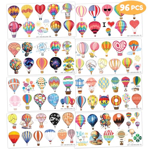 96PCS Hot Air Balloon Temporary Tattoos for Kids - Cute Birthday Party Supplies, Fun Stickers for Boys & Girls, Party Favors, School Prizes, Baby Shower Decorations