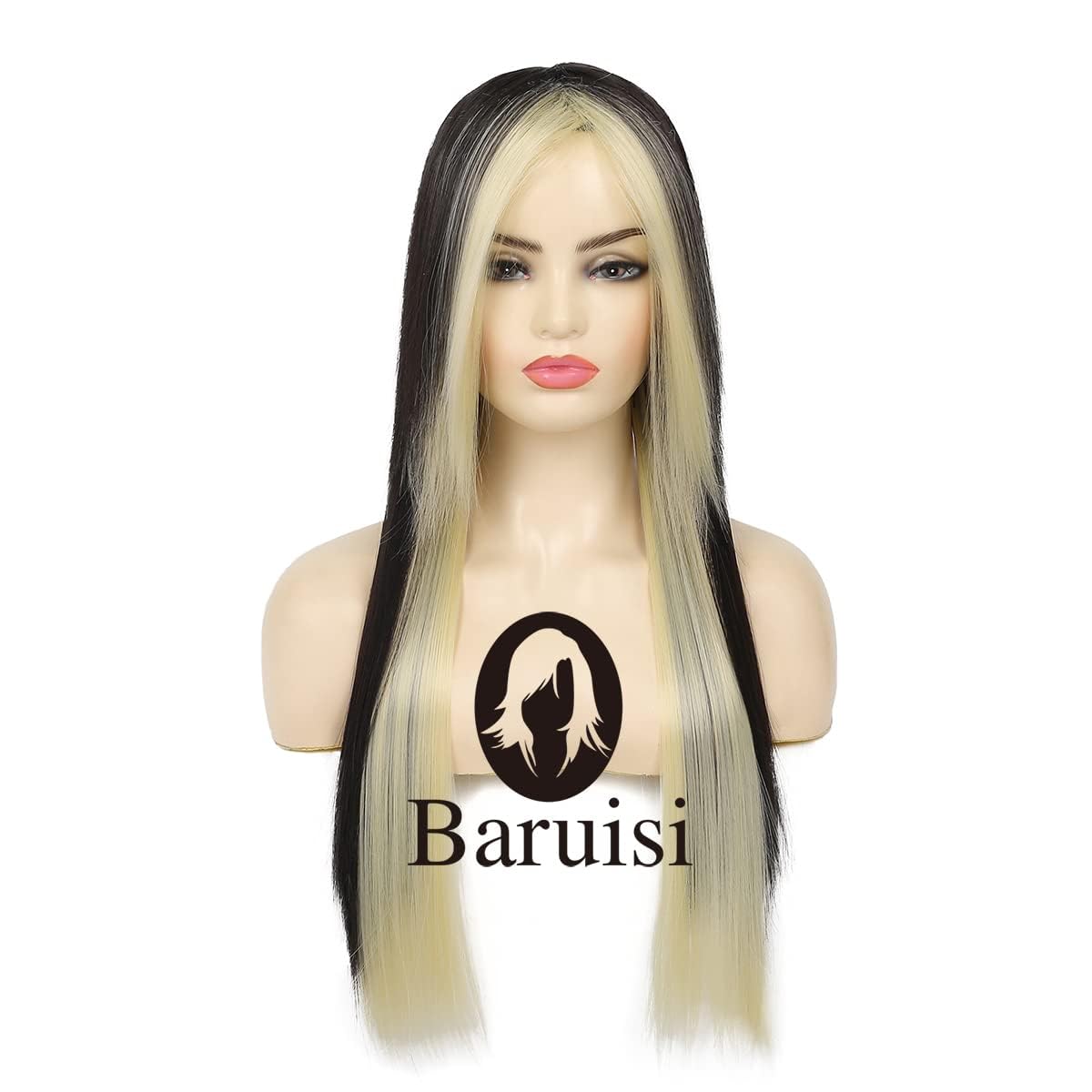 Silky Straight Long Red Black Wig with Side Bangs - Heat Resistant Synthetic Hair for Halloween