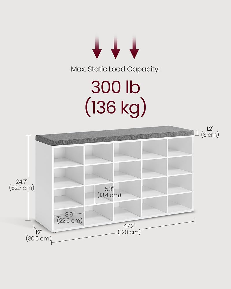Shoe Bench with Cushion - 20 Cubby Compartments, 12 x 47.2 x 24.7 Inches (Cloud White + Dove Gray)