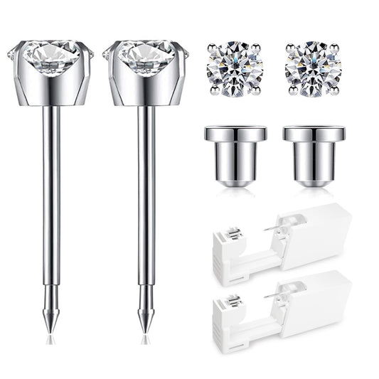 SugarTang Ear Piercing Kit | Disposable Ear Piercing Gun Kit Made in 316L Surgical Stainless Steel 4mm - 4prong Cubic Zirconia | At Home Self Piercing Kit with Earrings Studs