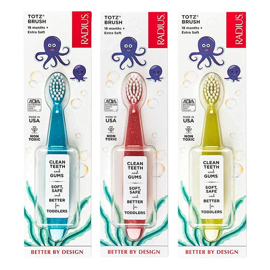 RADIUS Children's Toothbrush, Totz Brush, Extra Soft Bristles, Blue/Coral/Yellow, BPA Free & ADA Accepted, Designed for Delicate Teeth & Gums for Children 18 Months & Up, Pack of 3